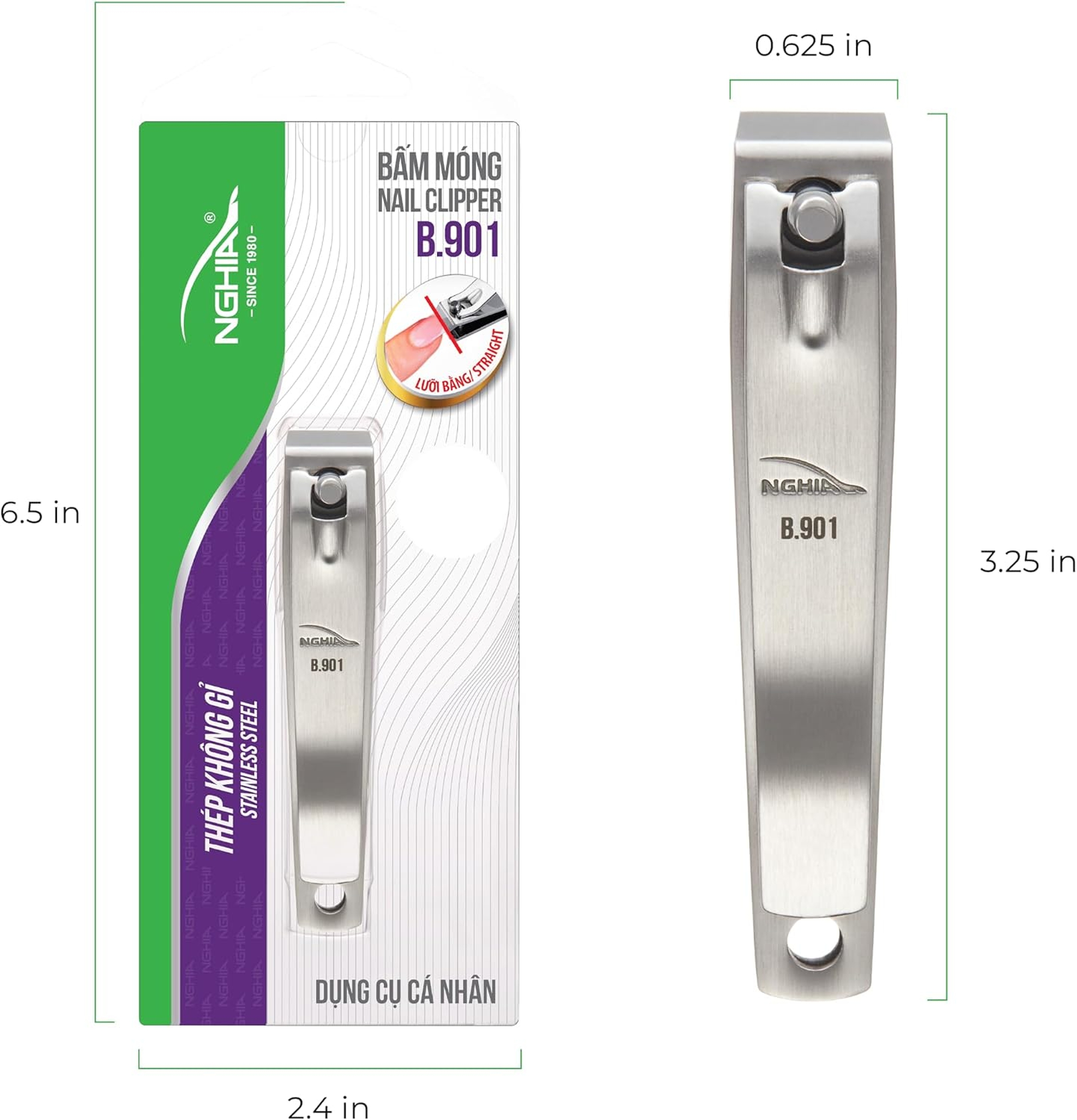 NGHIA Stainless Steel Straight Blade Large Nail Clipper B-901 1 Count - Large Jaw, Flat Jaw Design 3