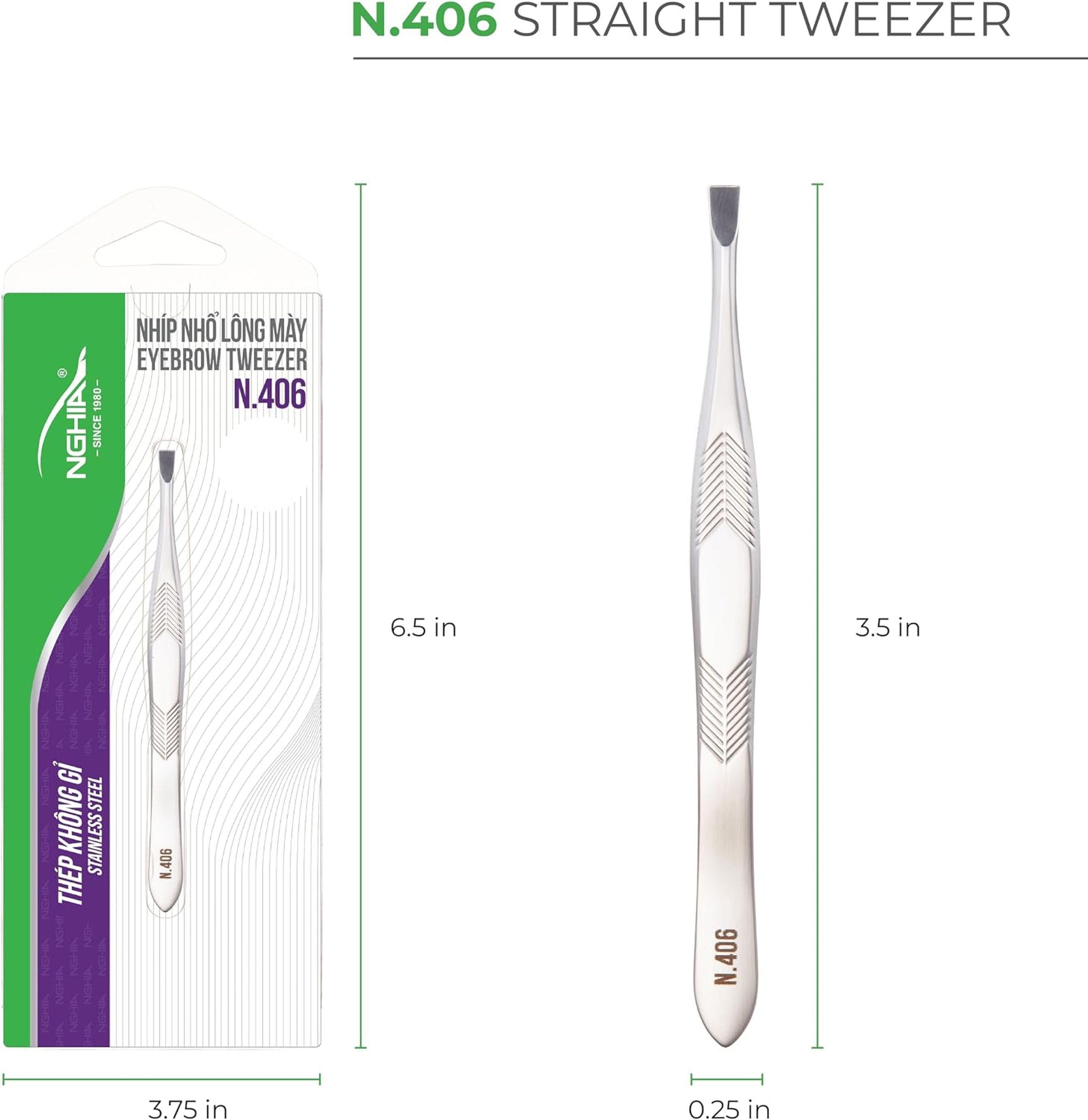 NGHIA Stainless Steel Straight Head Tweezer N-406 1 Count - Square Tips, Thin Handle for Precision Grooming 3