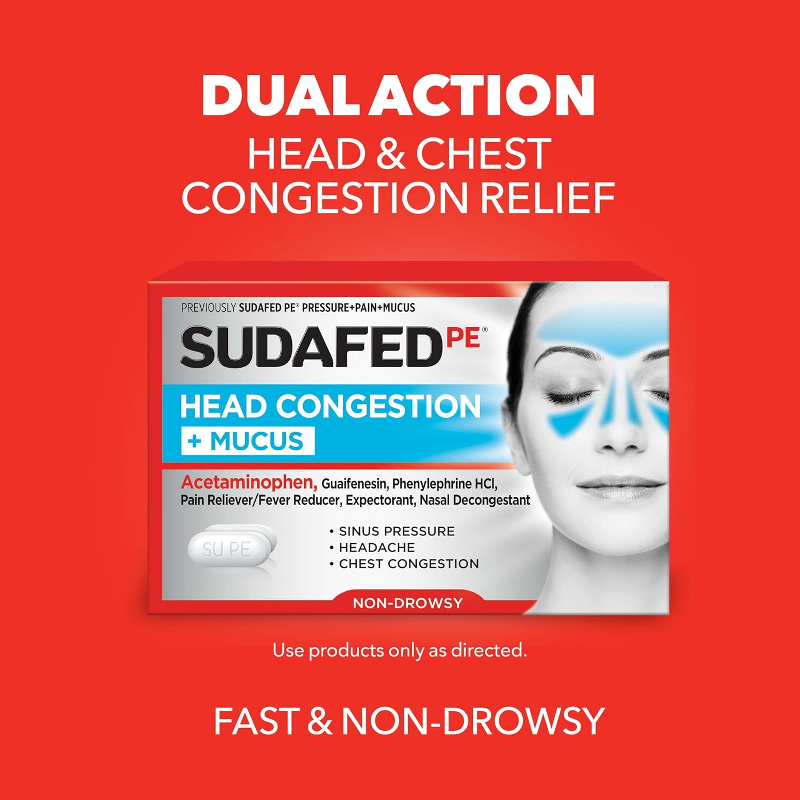 Sudafed PE Head Congestion Plus Mucus Relief Tablets for Sinus Pressure, Congestion and Headache, Non-Drowsy Decongestant with Acetaminophen, Guaifenesin, Phenylephrine HCI, 24 ct 2