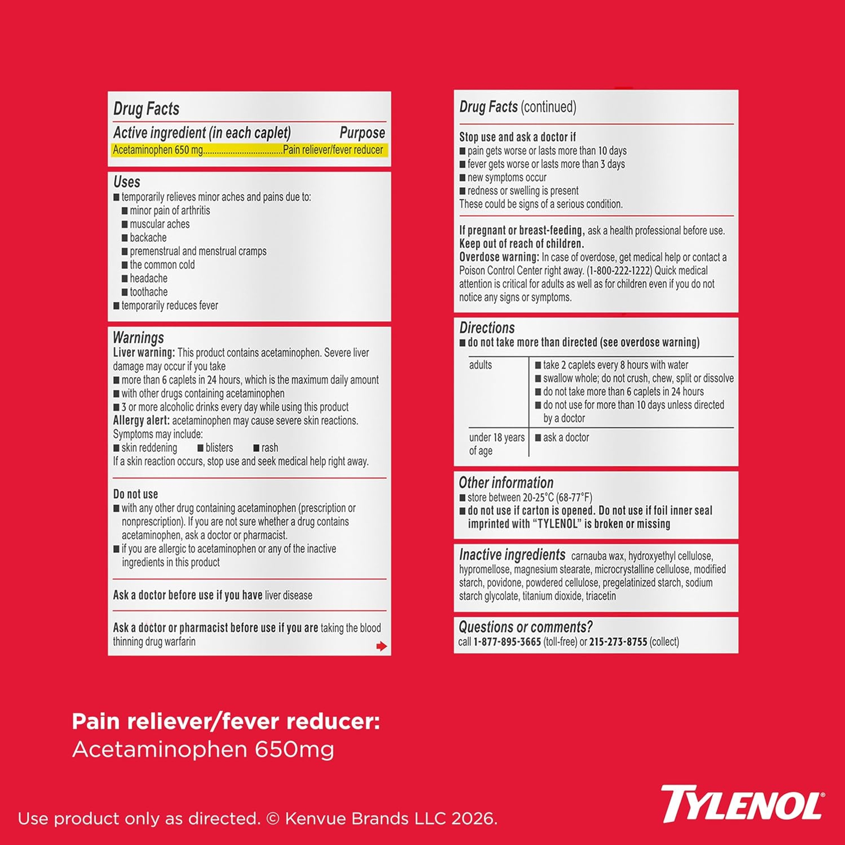 Tylenol 8 Hour Arthritis Pain Extended Fast, Strong Pain Relief Caplets, Acetaminophen 650 mg Each, Relieves Minor Arthritis and Joint Pain, Fever Reducer, Gentle on Stomach, 225 Count Value Size 8