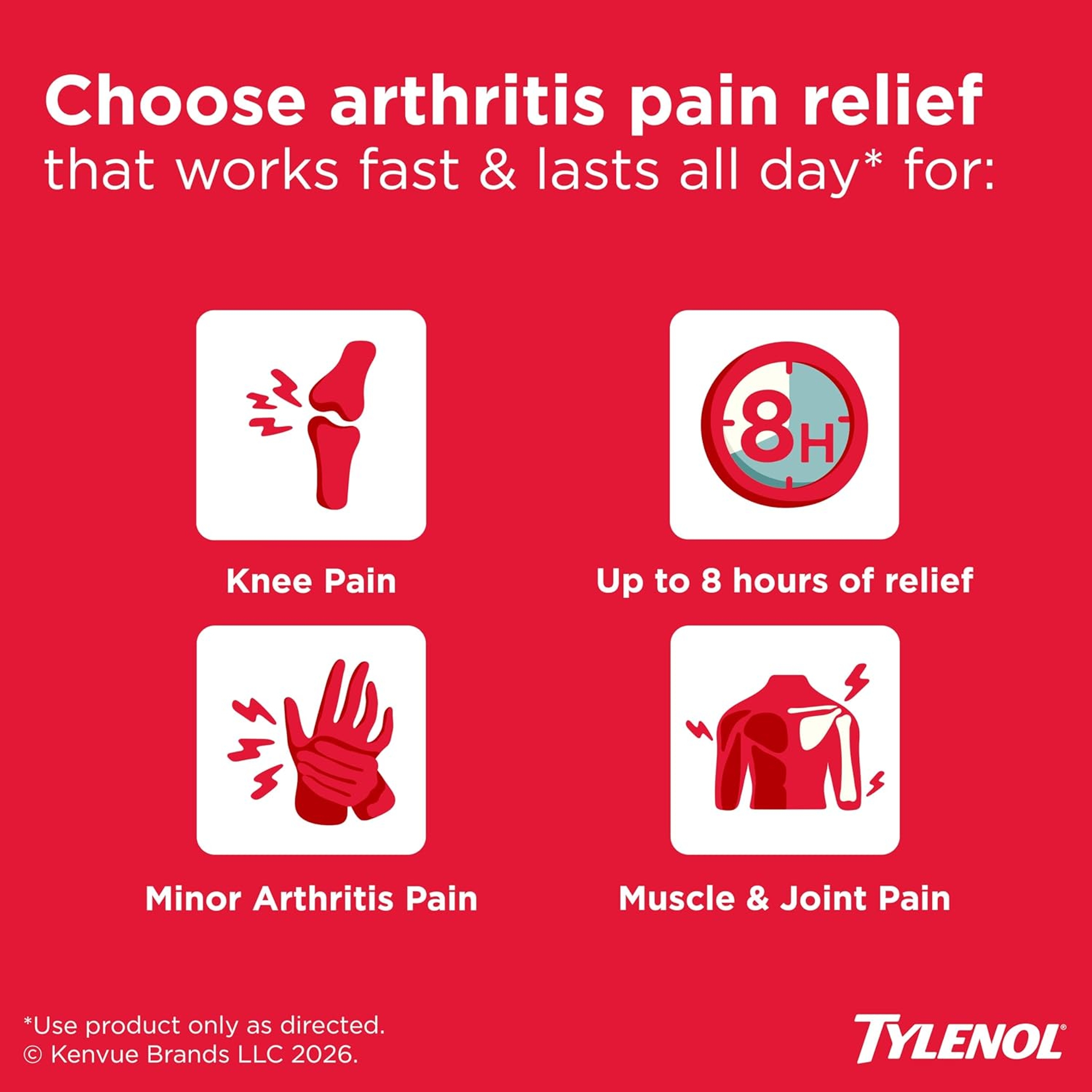 Tylenol 8 Hour Arthritis Pain Extended Fast, Strong Pain Relief Caplets, Acetaminophen 650 mg Each, Relieves Minor Arthritis and Joint Pain, Fever Reducer, Gentle on Stomach, 225 Count Value Size 2