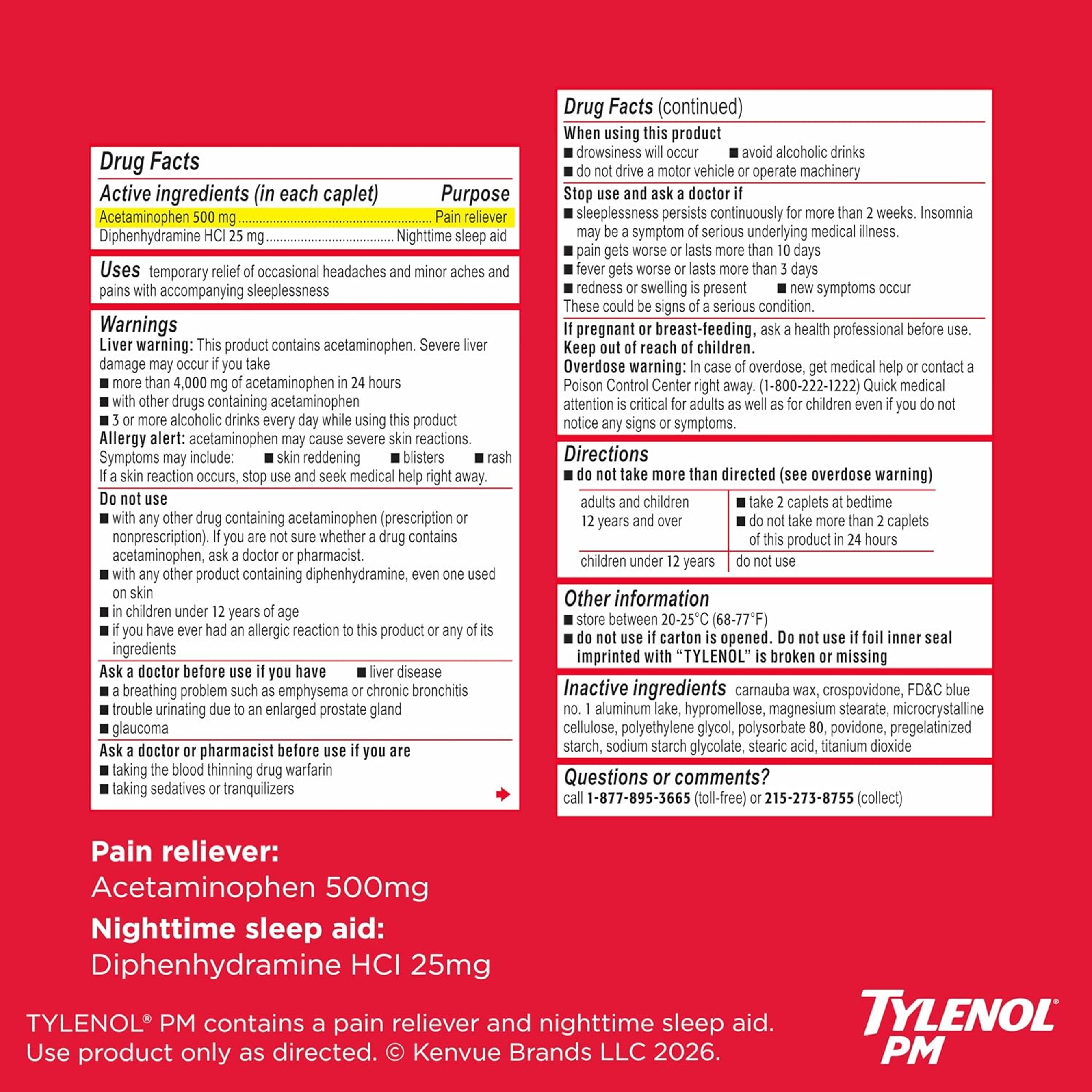 Tylenol PM Extra Strength Nighttime Pain Relief and Sleep Aid Caplets, Fast, Strong, Diphenhydramine HCl, Acetaminophen, Non‑Habit Forming, 100 Count Size 8