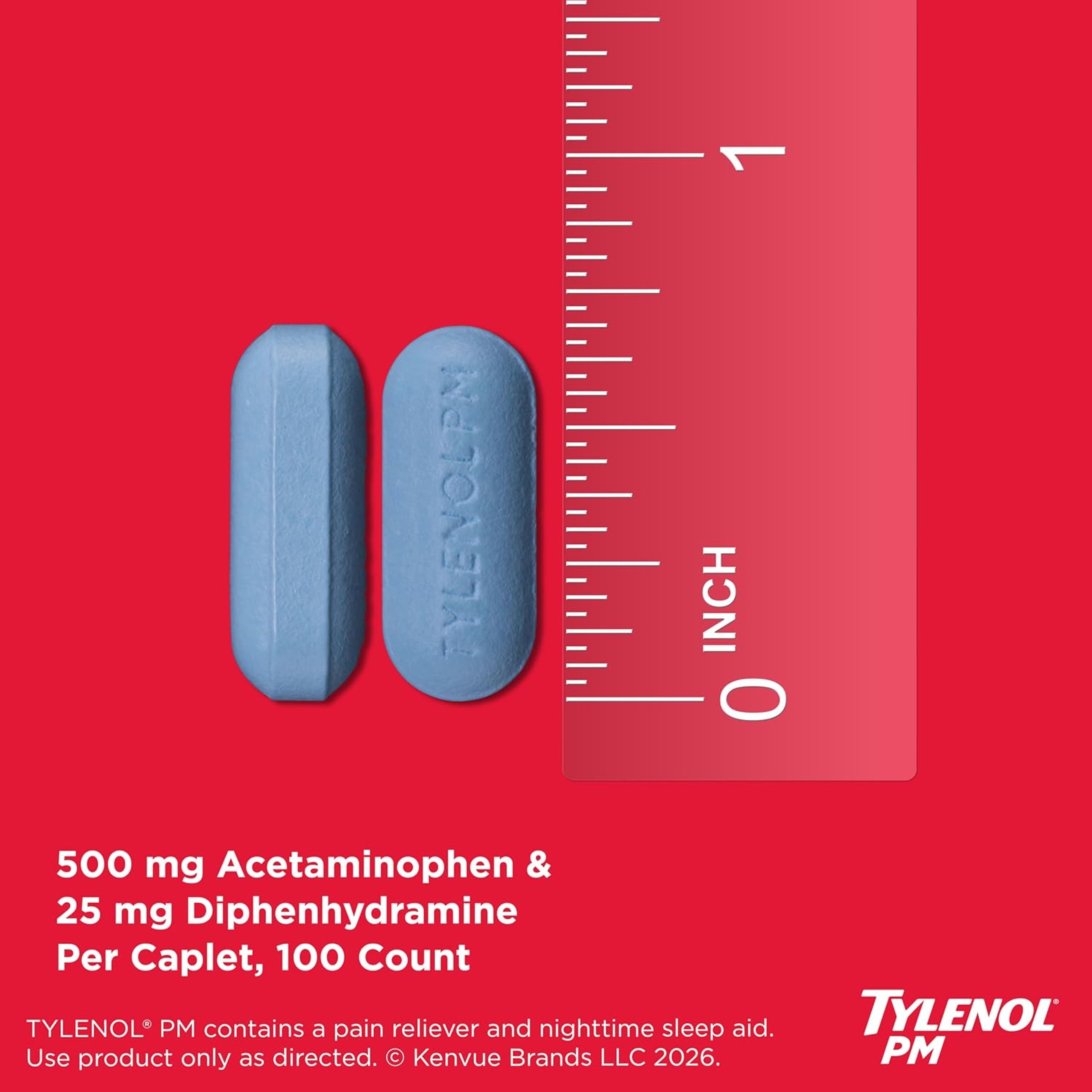 Tylenol PM Extra Strength Nighttime Pain Relief and Sleep Aid Caplets, Fast, Strong, Diphenhydramine HCl, Acetaminophen, Non‑Habit Forming, 100 Count Size 5