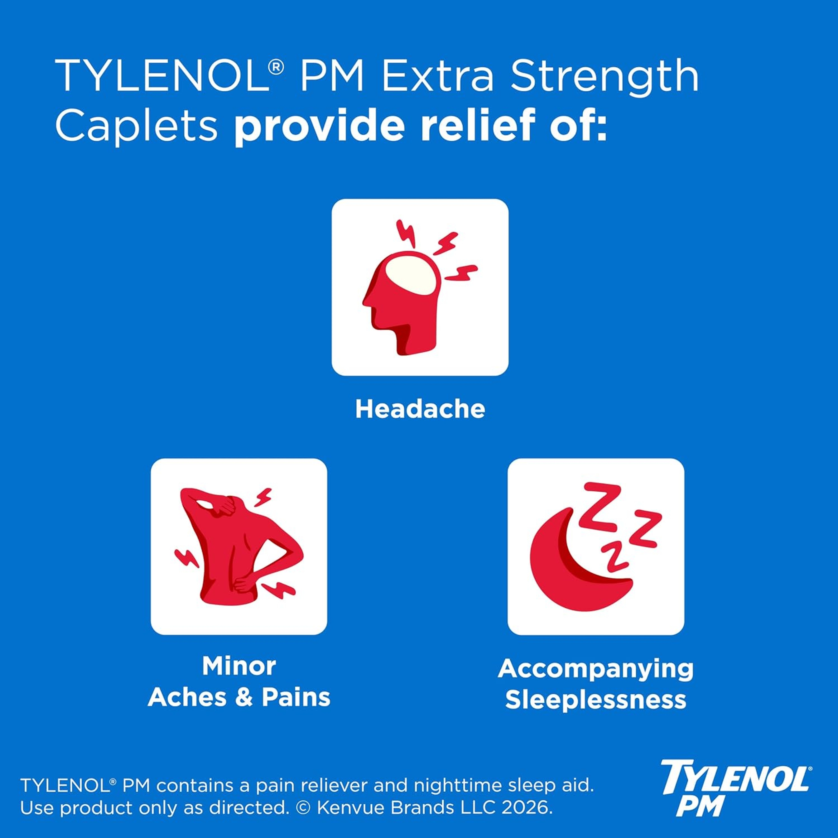 Tylenol PM Extra Strength Nighttime Pain Relief and Sleep Aid Caplets, Fast, Strong, Diphenhydramine HCl, Acetaminophen, Non‑Habit Forming, 100 Count Size 2