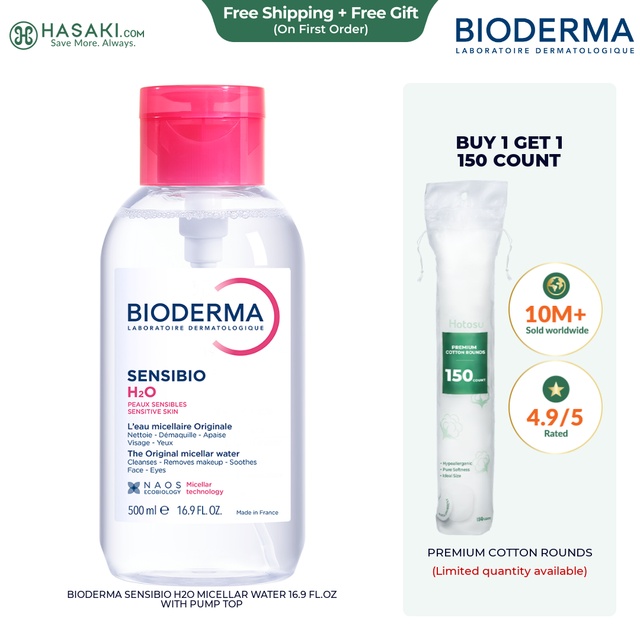 Bioderma Sensibio H2O Micellar Water 16.9 fl.oz with Pump Top - Face Cleanser for Sensitive Skin