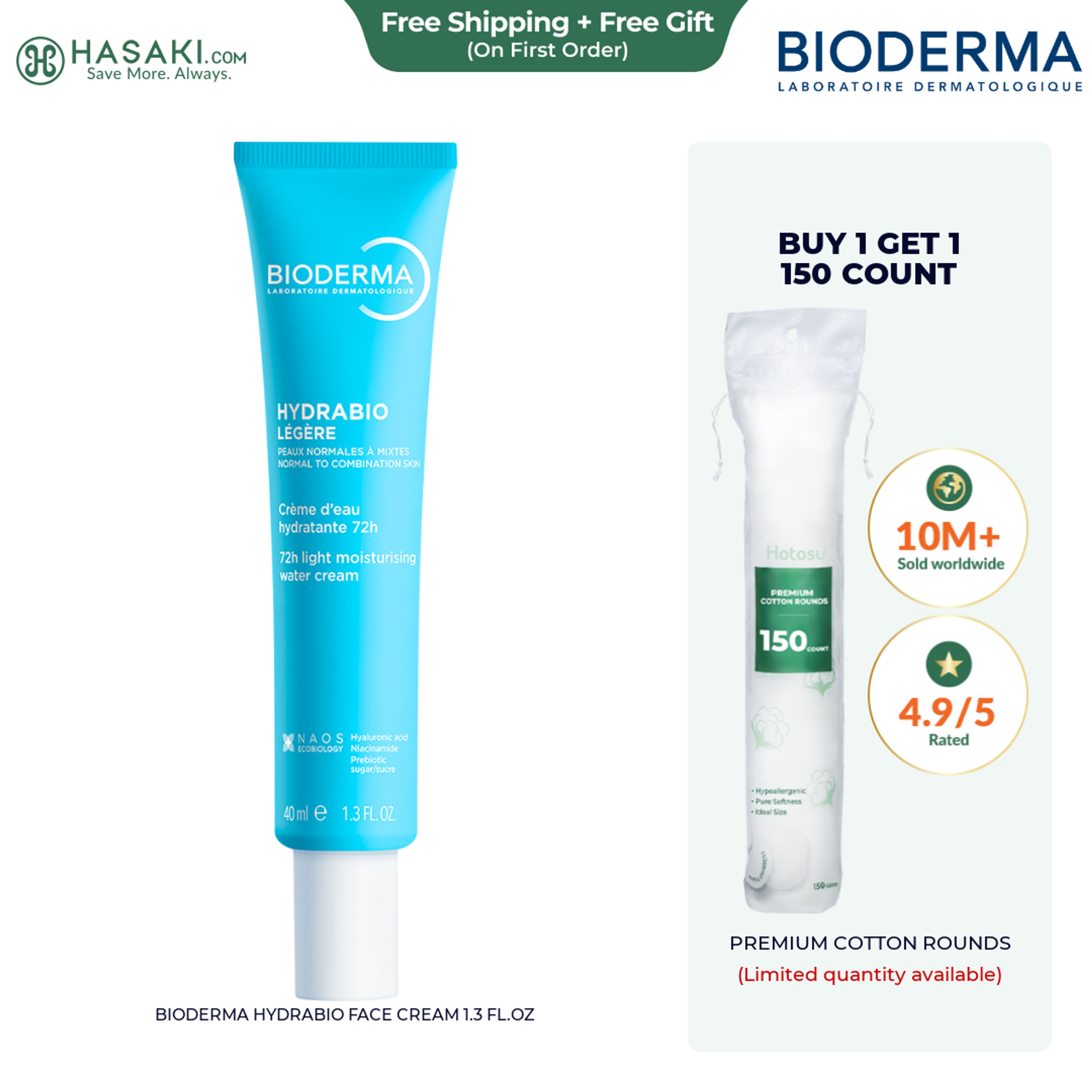 Bioderma Hydrabio Face Cream 1.3 fl.oz - Lightweight Face Moisturizer for Normal to Combination Sensitive Skin 1